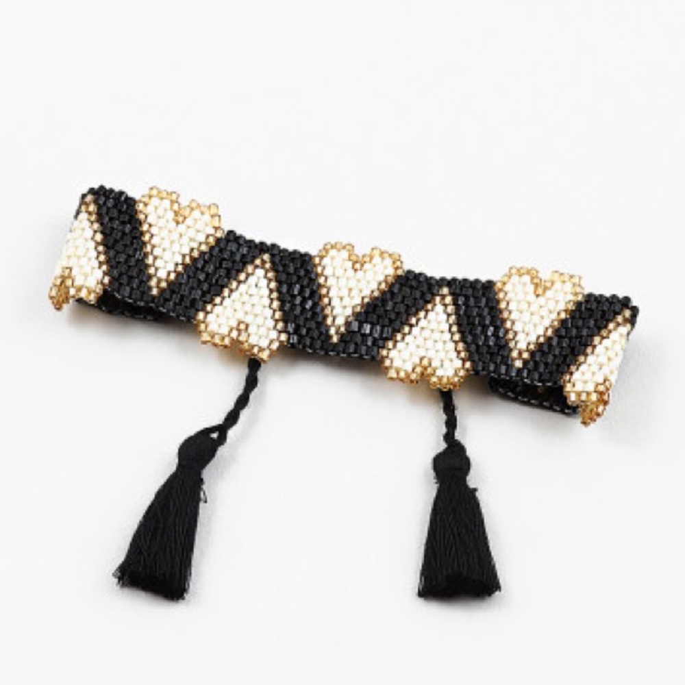 Heart Loom Pattern Seed Beads Adjustable Heart Beaded Bracelet Black White Gold